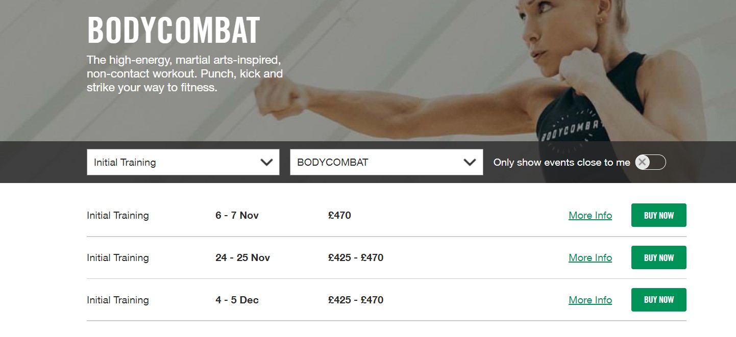 dates for BODYCOMBAT classes