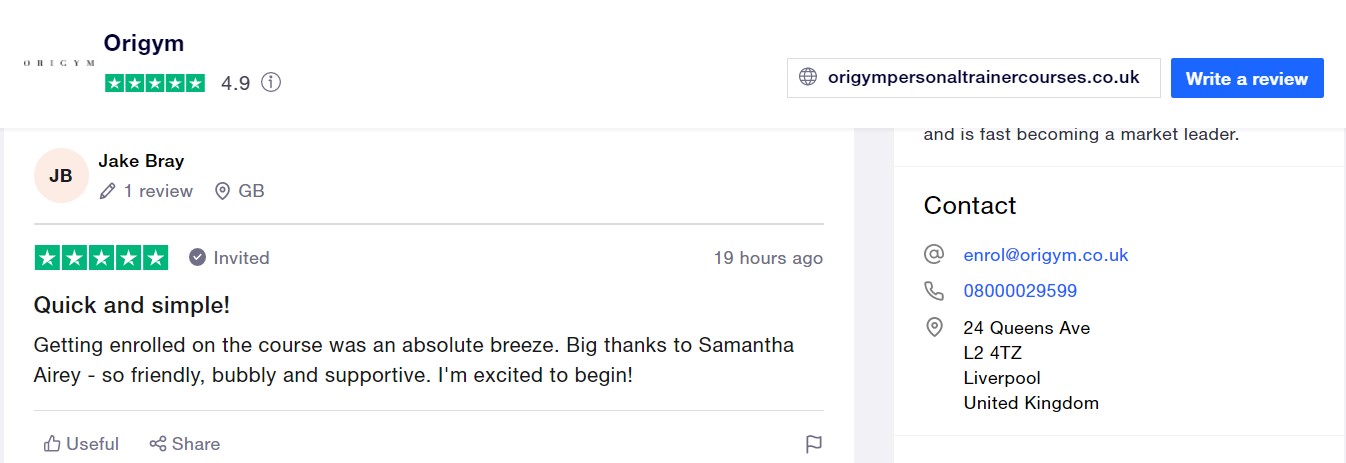 Trustpilot review for Google My Business Personal Training