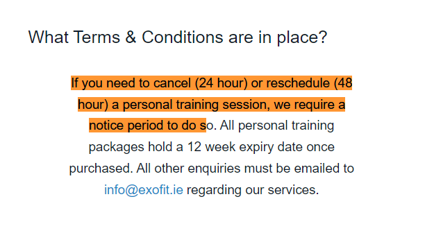personal trainer cancellation form 24 hour example