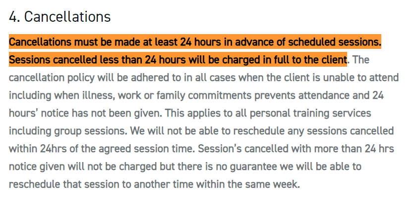 personal training cancellation policy Example of fees