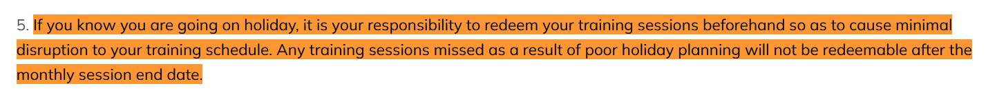 personal trainer cancellation policy holiday