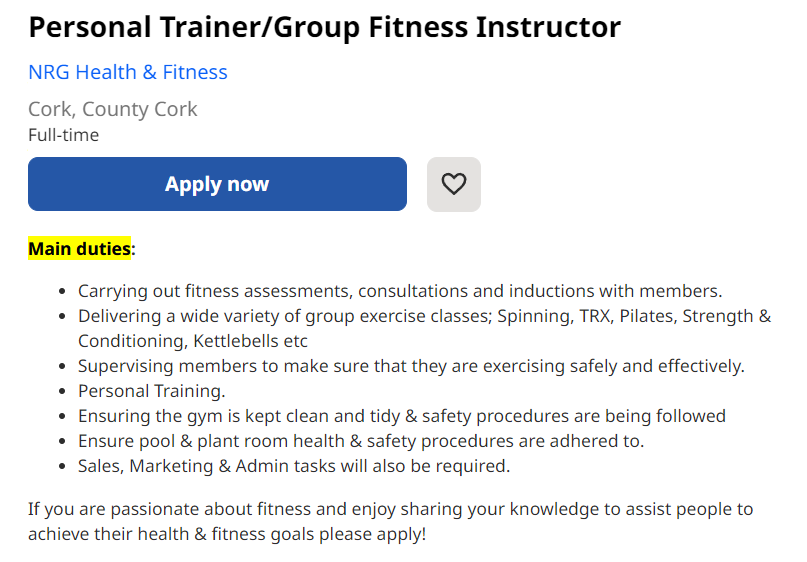 Ireland combined duites Career change to personal trainer